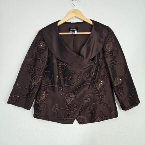 VTG Nueva Satin Top Jkt Sz 12 Brown Embroidered Sequins Art To Wear Formal - Picture 14 of 14